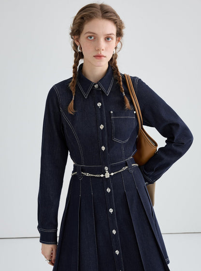 Back waist hollow dark blue denim dress