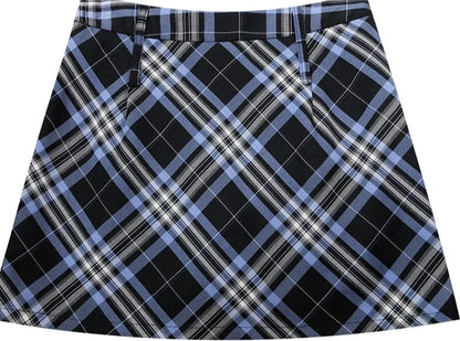 American retro high waist thin blue A-line checked short skirt