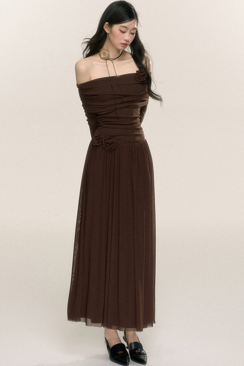 Long-Sleeve One-Shoulder Maxi Dress