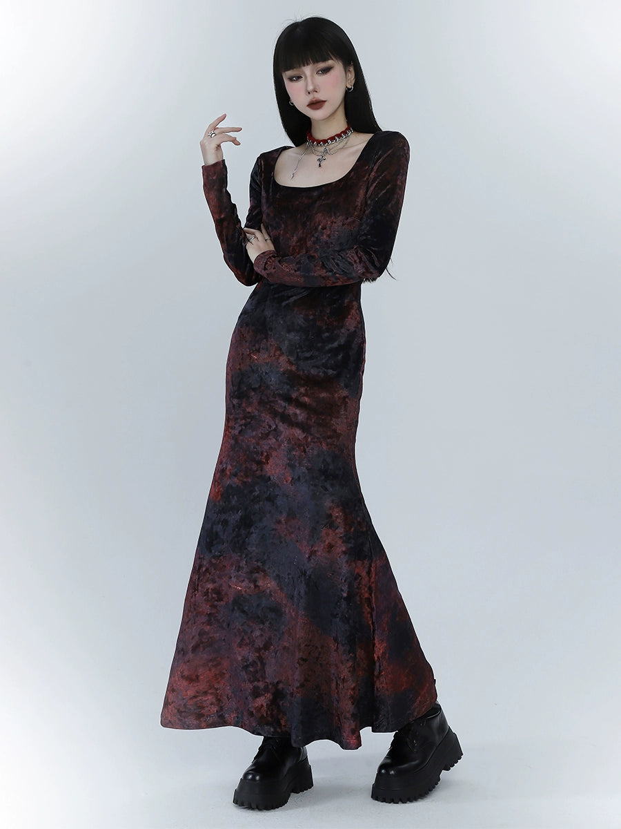 Black and Red Velvet Fishtail Dress