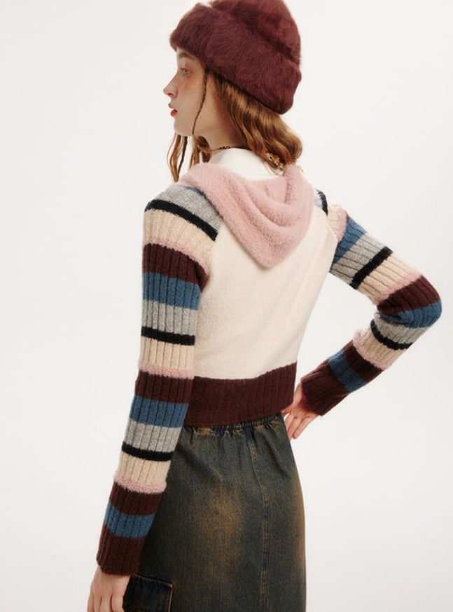 Retro Rainbow Stripe Wool Hooded Zipper Knitted Cardigan Coat