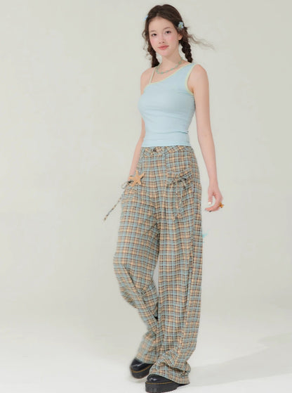 High Waist Wide Leg Plaid Pants