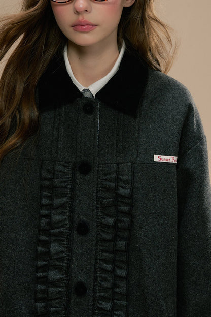 FUNGUS-TRIMMED DARK GRAY TWEED COAT