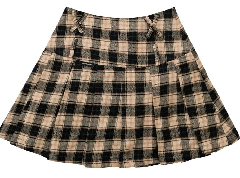 American retro a-line high-waisted check plaid skirt