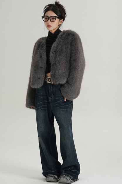 High-End Gray Eco-Friendly Fur Coat