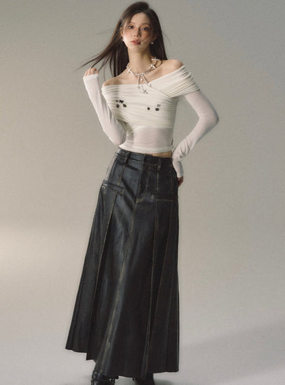 Midi pu leather pleated skirt