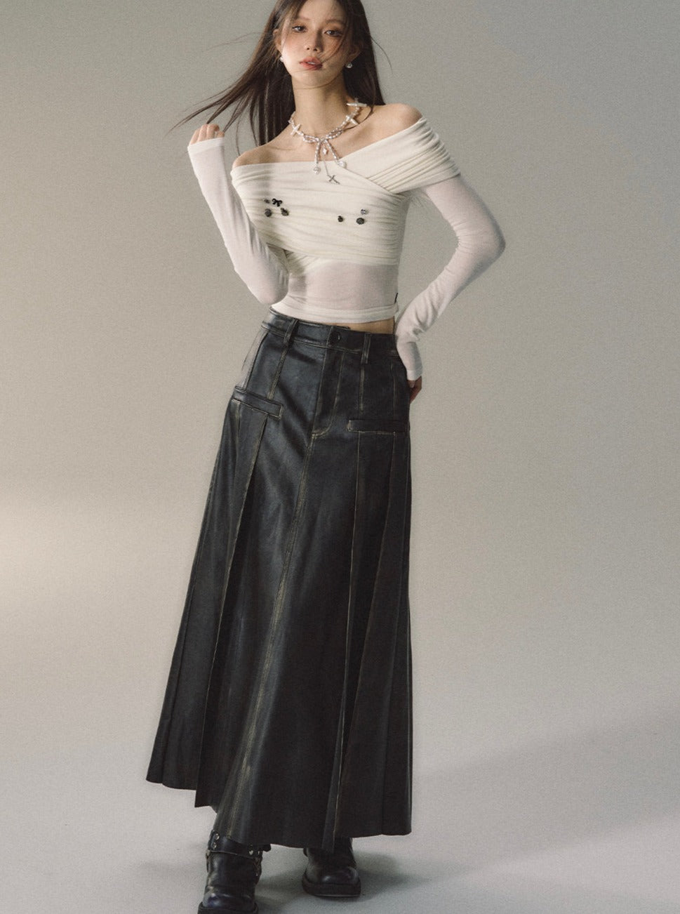 heavyweight rubbed midi leather skirt