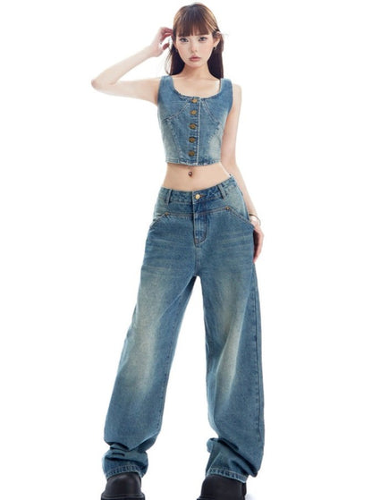 American Denim Wide Leg Short Vest Set-up