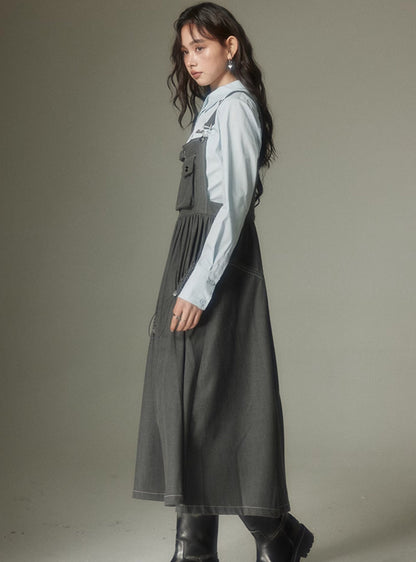 High-waisted loose long bib dress