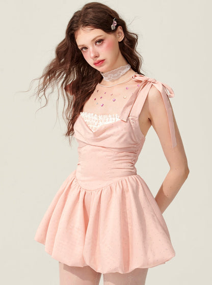 Weniger Auge Toffee besondere rosa Tupfen Kleid Frauen Sommer Design Sinn Sommerkleid Französisch süßen Tutu-Rock