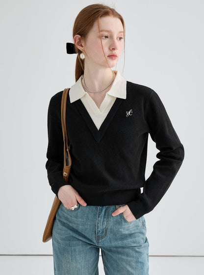 Polo collar pattern wool knitwear tops