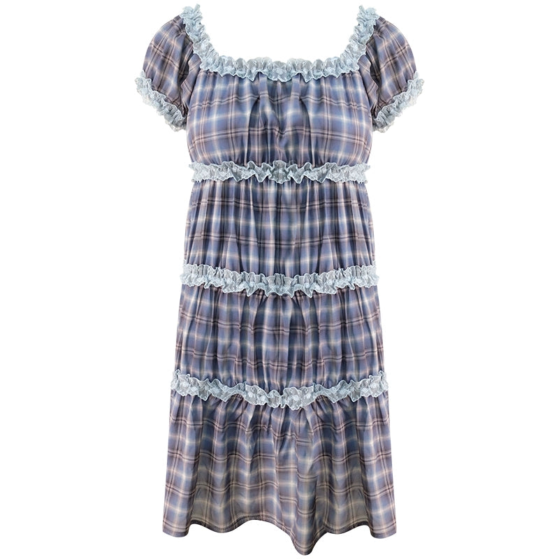 Purple Plaid Puff Sleeve Dress