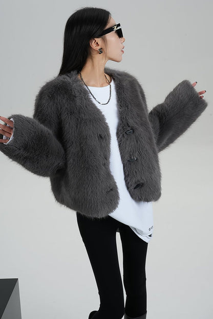 High-End Gray Eco-Friendly Fur Coat