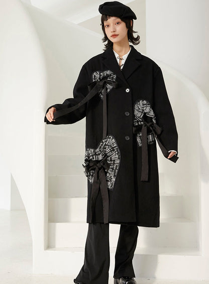 Plaid love slim long black woolen coat