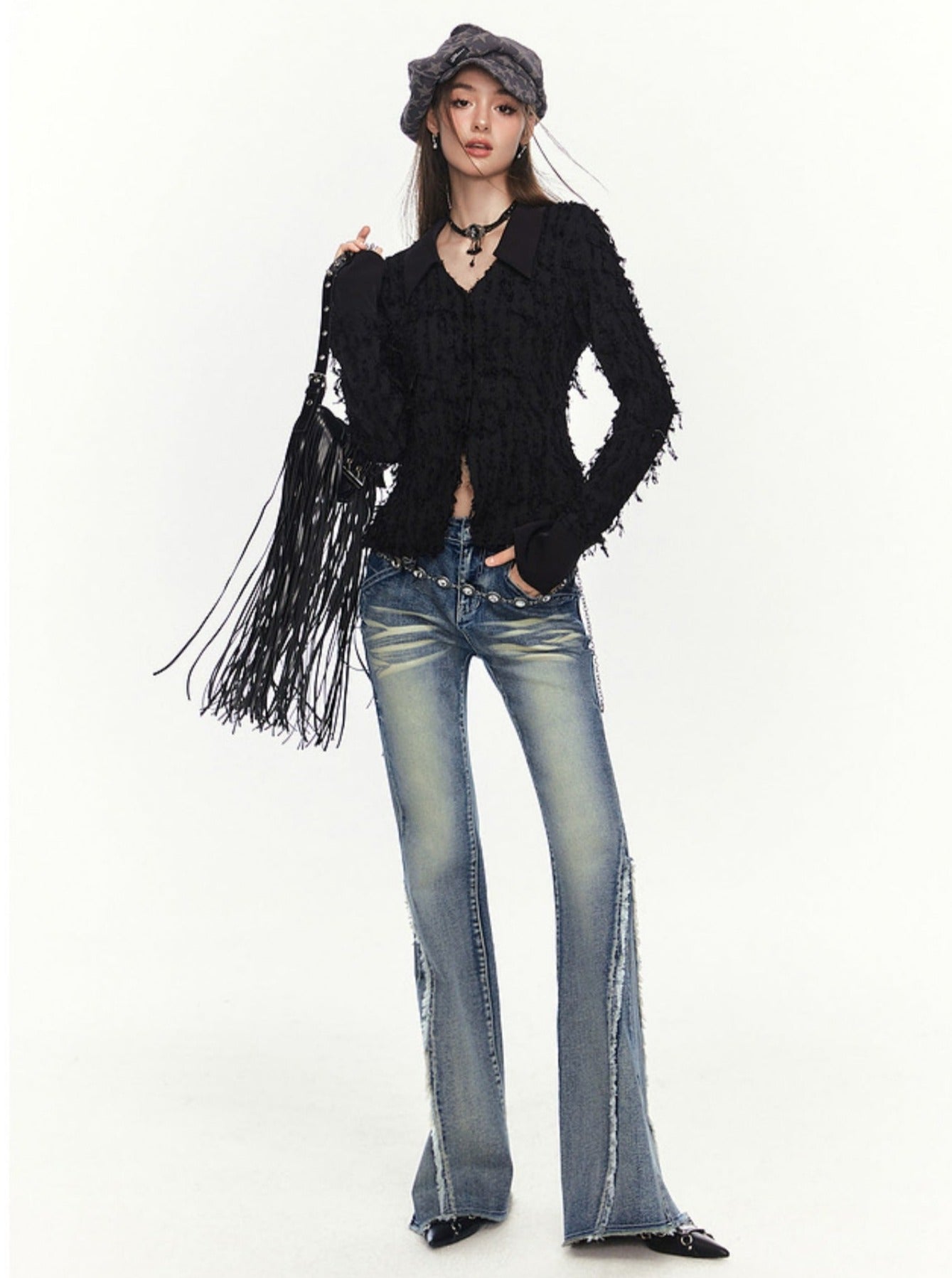 Long Sleeve Tassel Wool Top