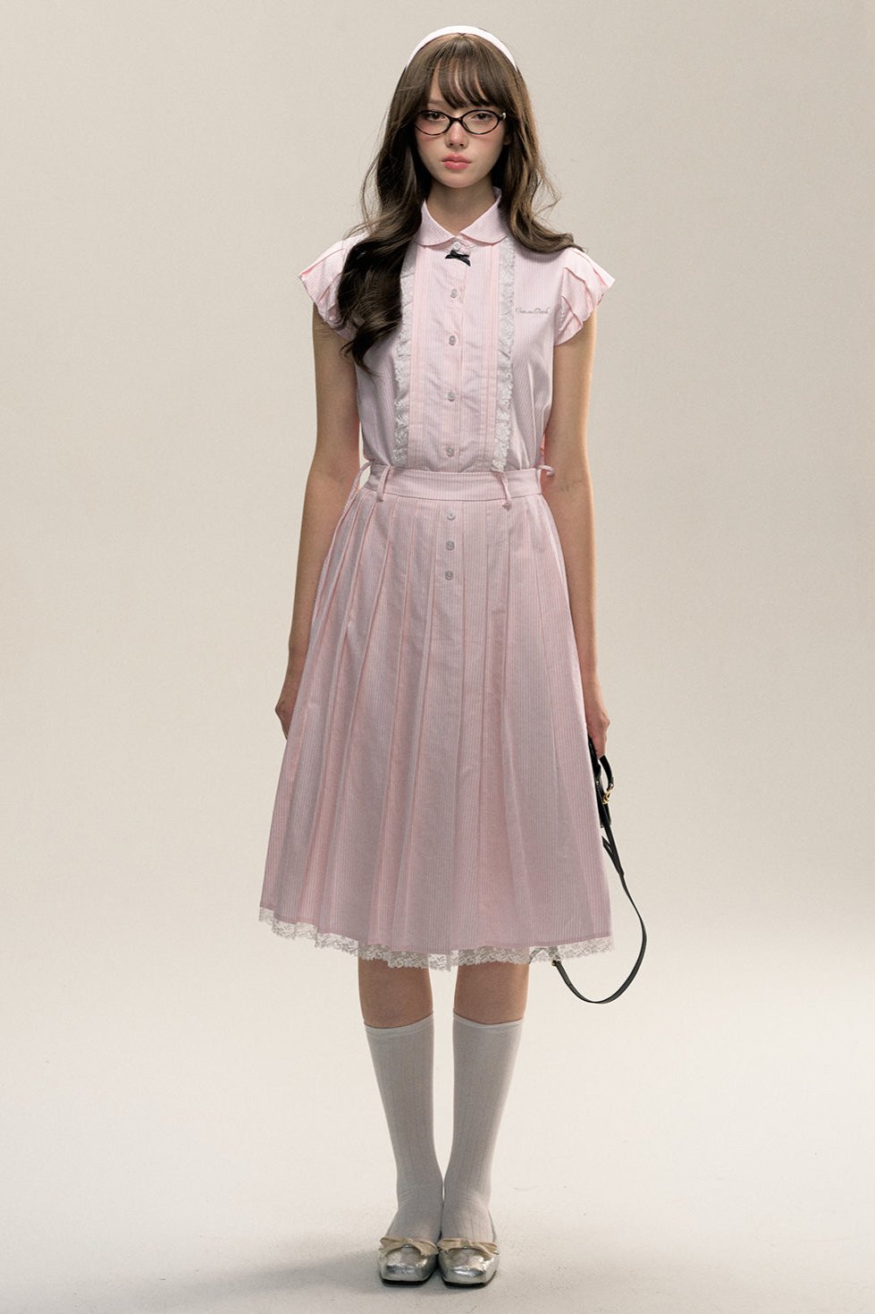 Flying Sleeve Shirt and Pleated Skirt Set-Up