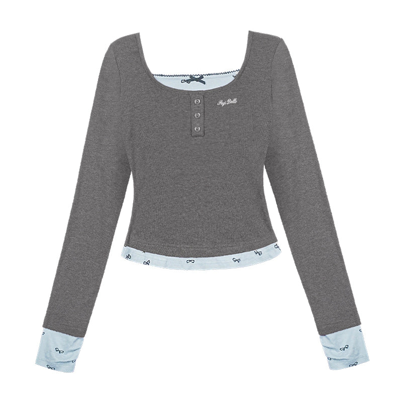 SagiDolls Girl's fighting spirit is sweet and versatile, gray and blue bow fake two long-sleeved T-shirts, slim and cute