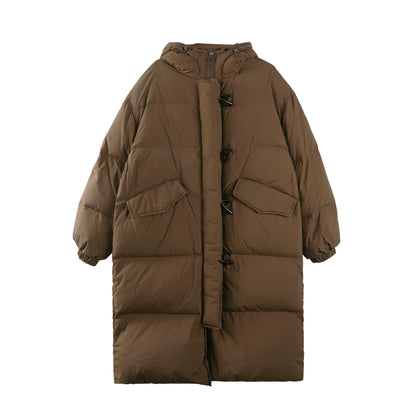 Hooded Horn Button Long Down Jacket