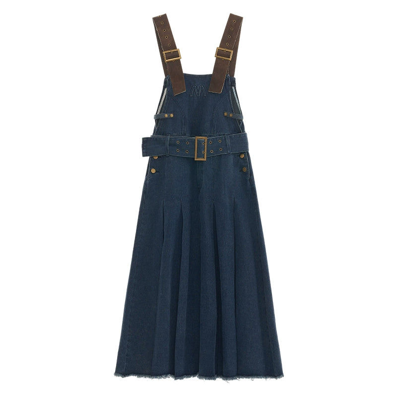 Vintage Denim Pleated Long Bib Dress