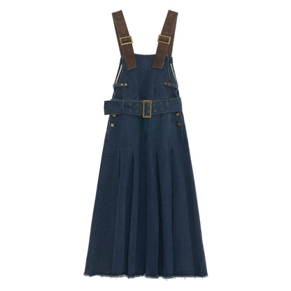 Vintage Denim Plissee Long Lätzchenkleid