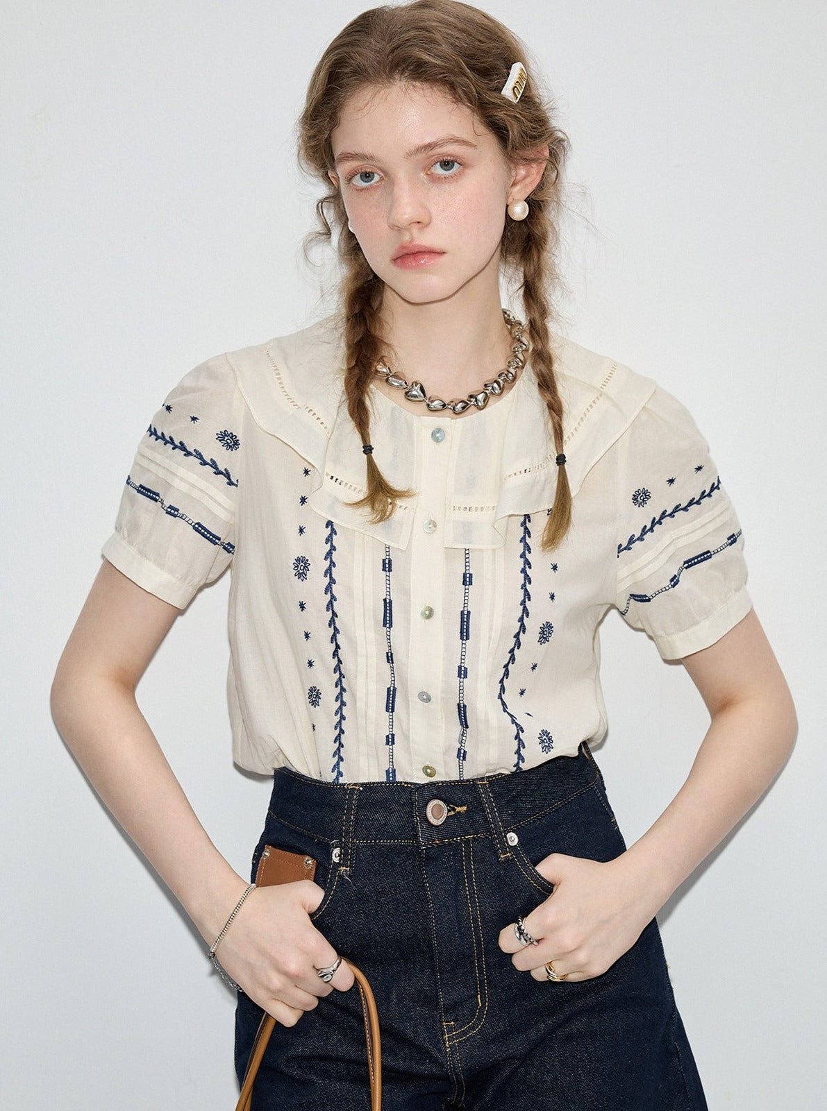 Embroidered Shirt & Denim Shorts Set-Up