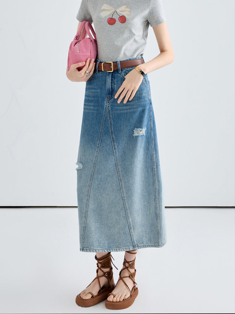 Retro Gradient Wash Denim Skirt