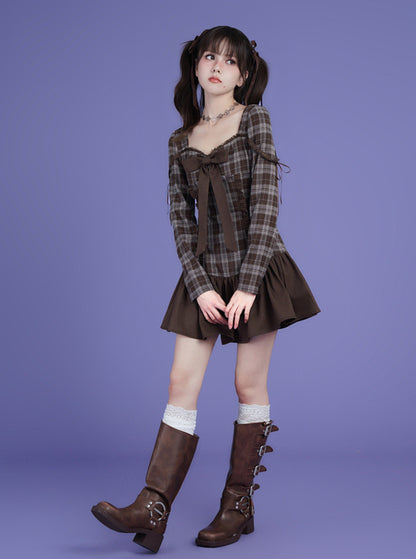 fighting spirit brown plaid bow dress