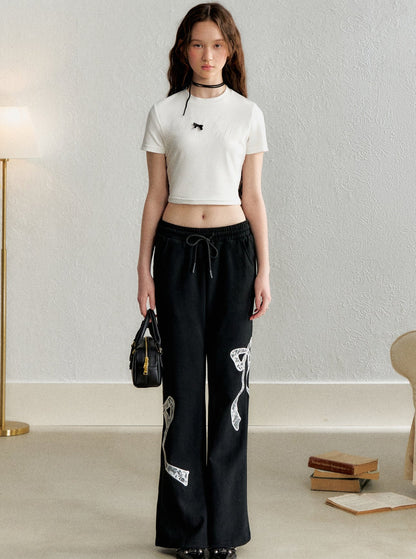 Retro Bow Appliqué Trousers