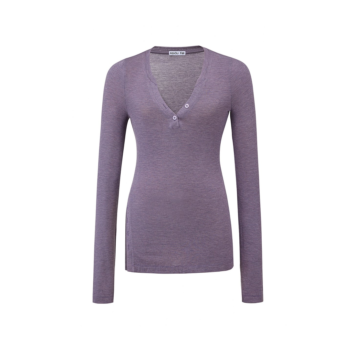 V-Neck High Slit Long Sleeve Slim Top