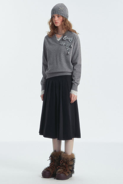 Bow Detail Checked V-Neck Jumper