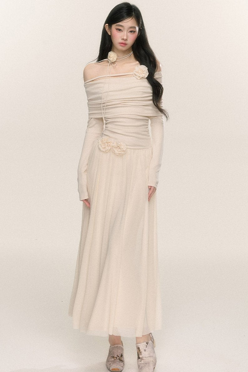 Long-Sleeve One-Shoulder Maxi Dress