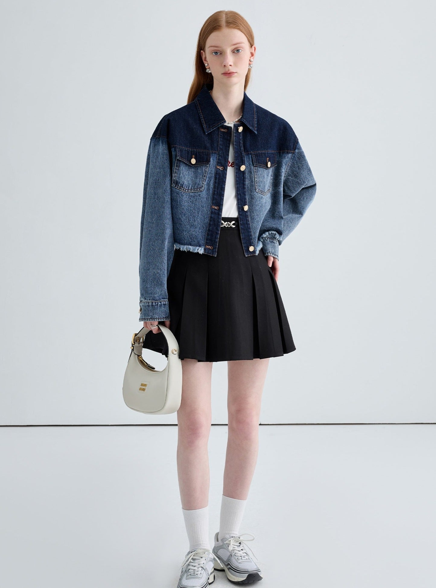 Color-blocked small denim short jacket