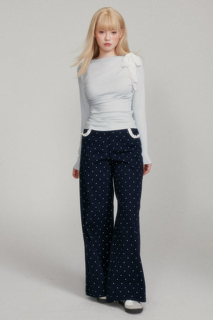 Lost Forest Good match lace dark blue polka dot pants Sweet girl looks thin and shows high wide-legged mop pants new products