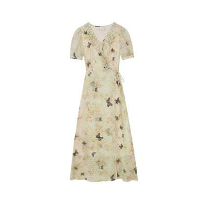 Butterfly Print Lace Collar Long Dress