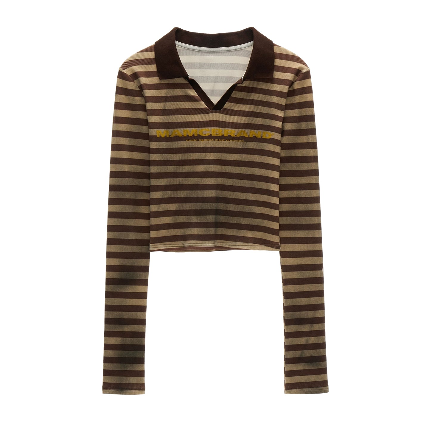Distressed Striped Long Sleeve Polo Collar T-Shirt