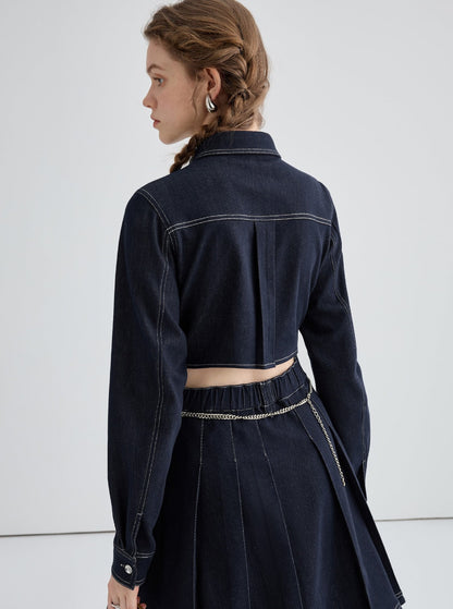 Back waist hollow dark blue denim dress