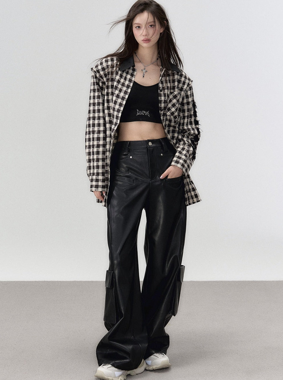 Loose pu leather pants