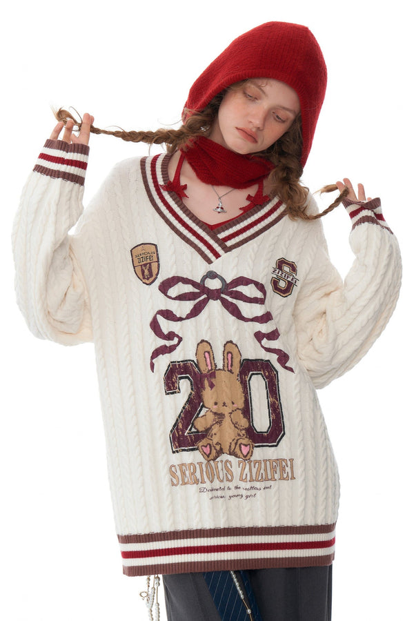 Twist Knit V-Neck Christmas Sweater