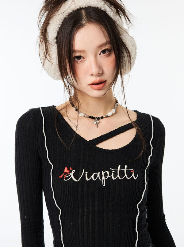 irregular collar embroidery slim shirt