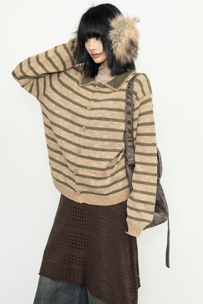 Vintage Striped Lapel Knit Sweater
