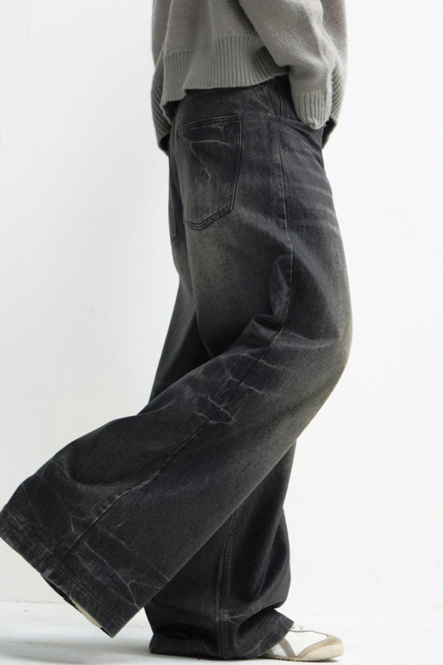 Black Distressed Versatile Wide-Leg Jeans