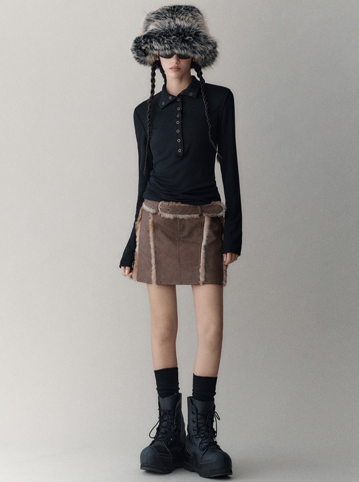 Retro panelled leather A-line skirt