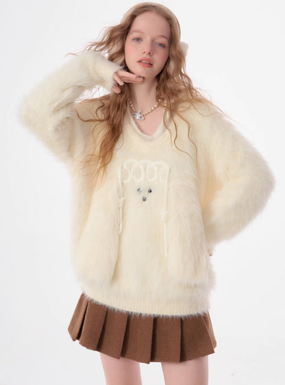 American retro loose fur dog V-neck sweater