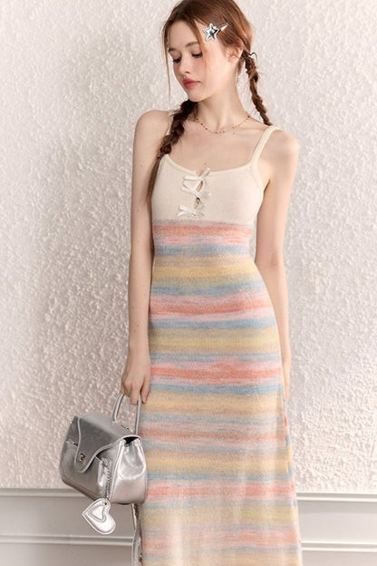 Rainbow Knit Slip Cardigan Long Dress