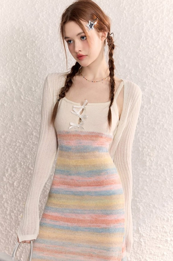 Rainbow Knit Slip Cardigan Long Dress