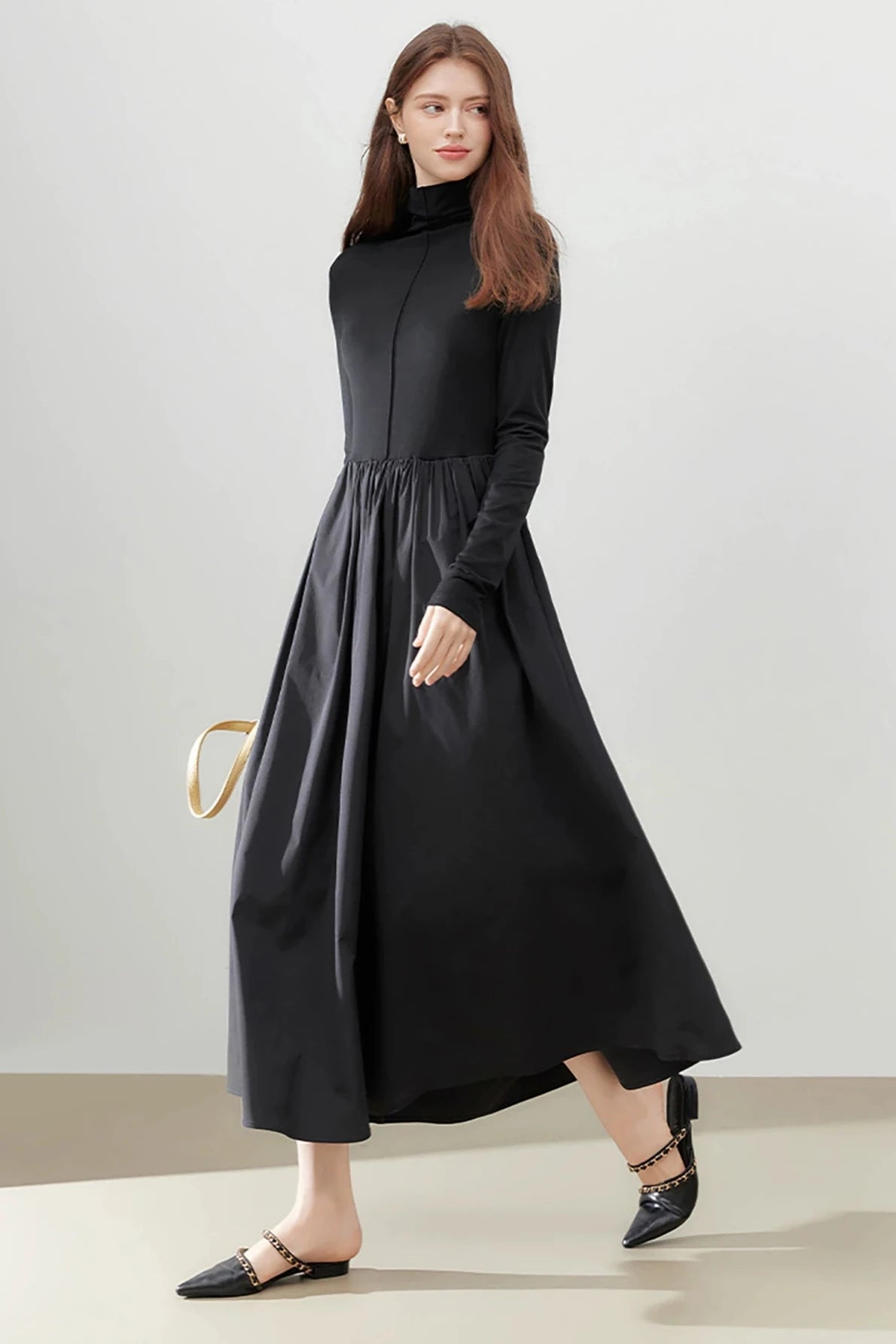 MEETLADY Simple Slim High Neck Knitted Long Sleeve Dress Women's Herbst/Winter 2024 New Slim Little Black Dress