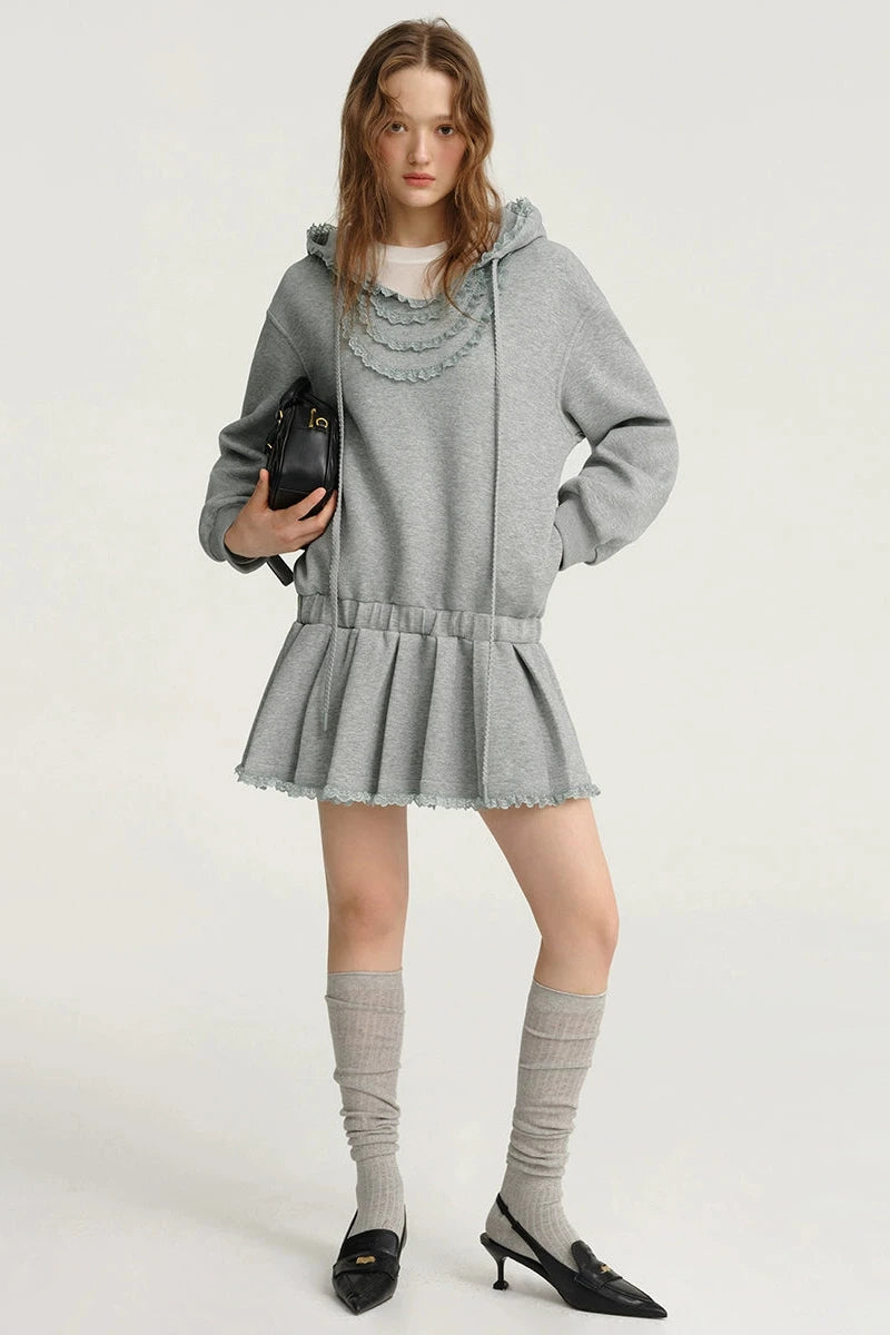 DESIGNER PLUS Grey Lace Panelled Collar Sweatshirt Dress Feminine Autumn Design Cinched Waist Slim Dress