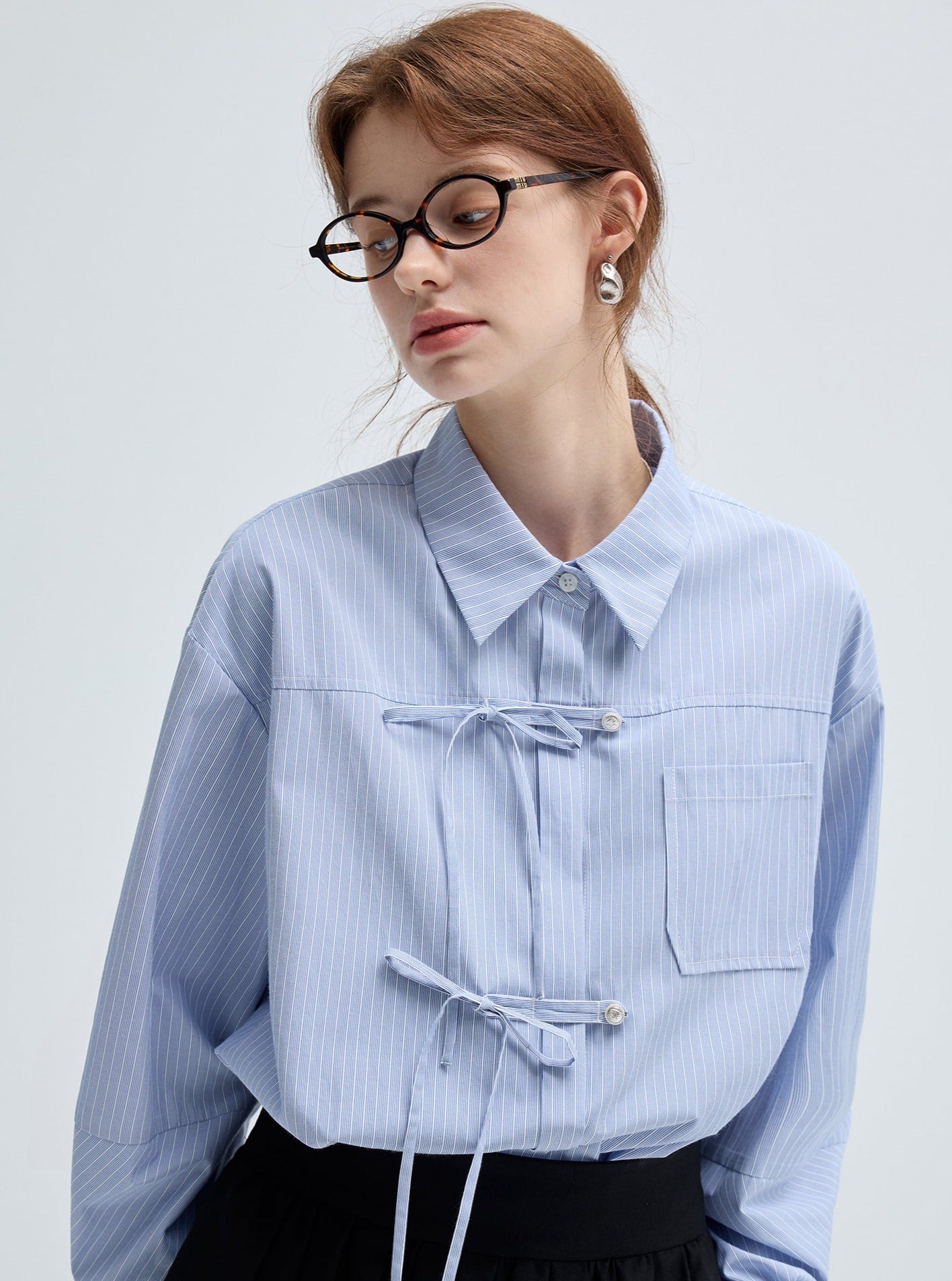 Bow Placket Striped Shirt