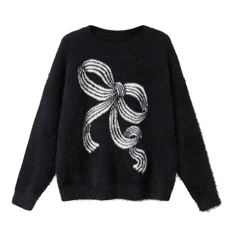Striped Bow Faux Mink Sweater