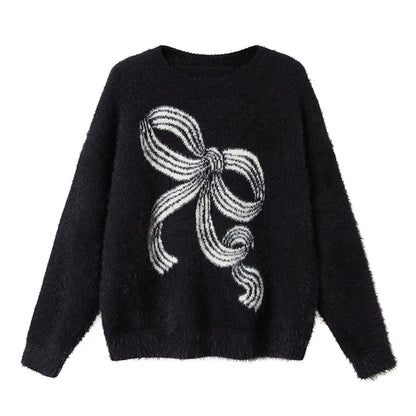 Striped Bow Faux Mink Sweater